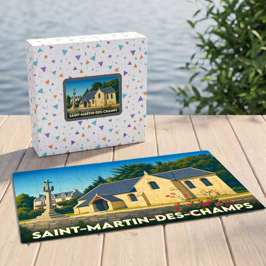Puzzle souvenir de la ville de Saint-Martin-des-Champs avec une illustration stylisée d'une église.