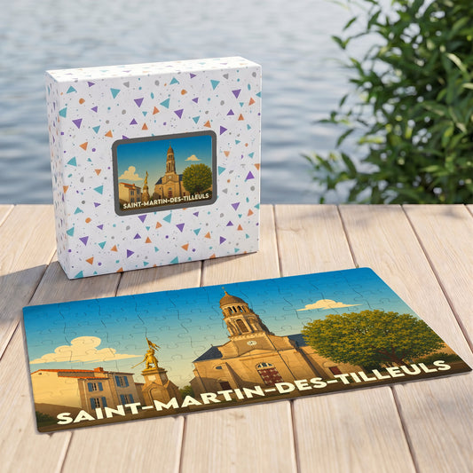 Puzzle souvenir de la ville de Saint-Martin-des-Tilleuls avec une illustration stylisée de son église et de sa place.