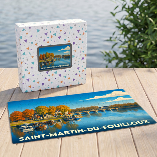 Puzzle souvenir de la ville de Saint-Martin-du-Fouilloux avec une illustration stylisée des bords de l'eau en automne.