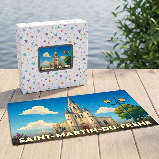 Puzzle souvenir de la ville de Saint-Martin-du-Frêne avec son illustration stylisée de l'église locale.