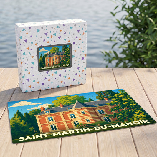 Puzzle souvenir de la ville de Saint-Martin-du-Manoir illustrant un château de briques rouges.
