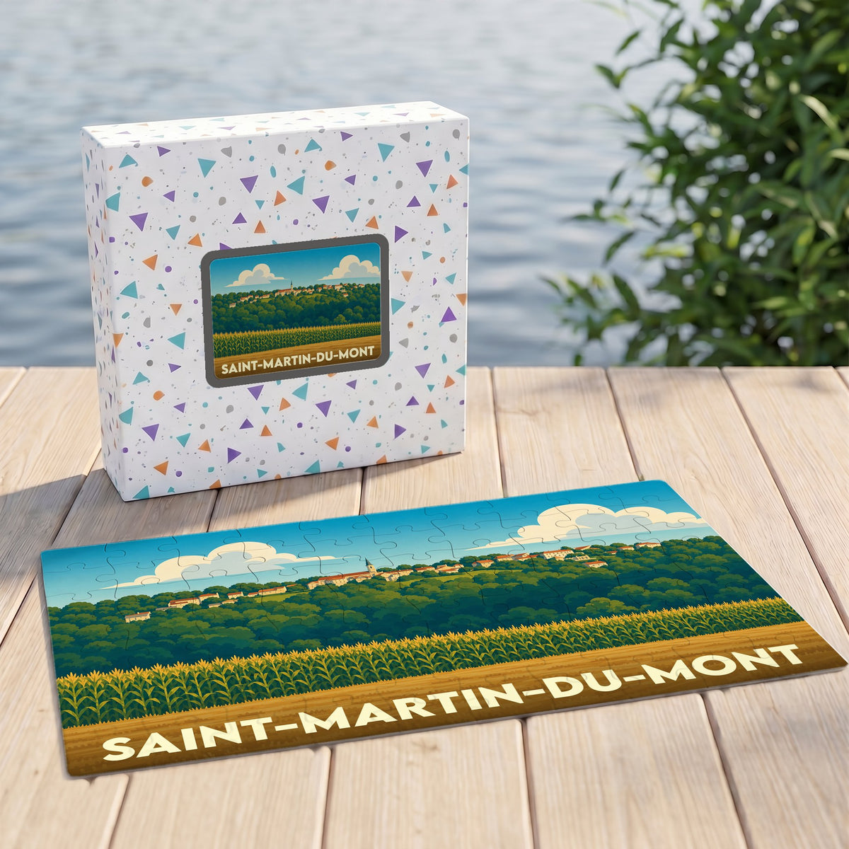 Puzzle souvenir de Saint-Martin-du-Mont représentant un paysage champêtre avec une illustration stylisée.