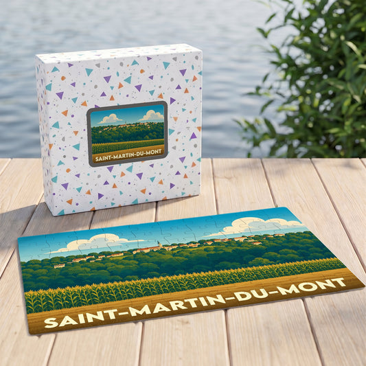 Puzzle souvenir de Saint-Martin-du-Mont représentant un paysage champêtre avec une illustration stylisée.