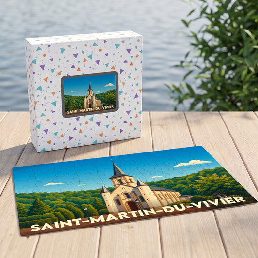 Puzzle souvenir de la ville de Saint-Martin-du-Vivier avec une illustration stylisée d'une église.