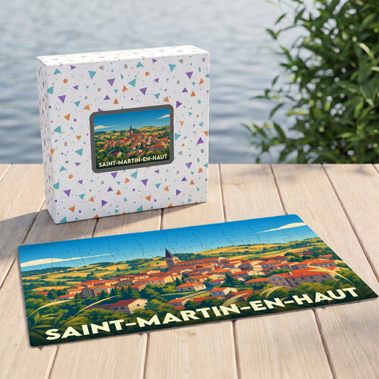Puzzle souvenir de la ville de Saint-Martin-en-Haut avec une illustration stylisée de son paysage urbain.