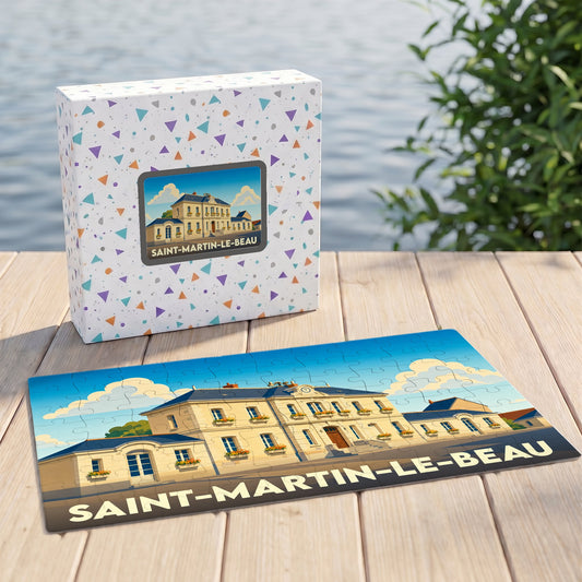 Puzzle souvenir de la ville de Saint-Martin-le-Beau avec une illustration stylisée d'un bâtiment historique.