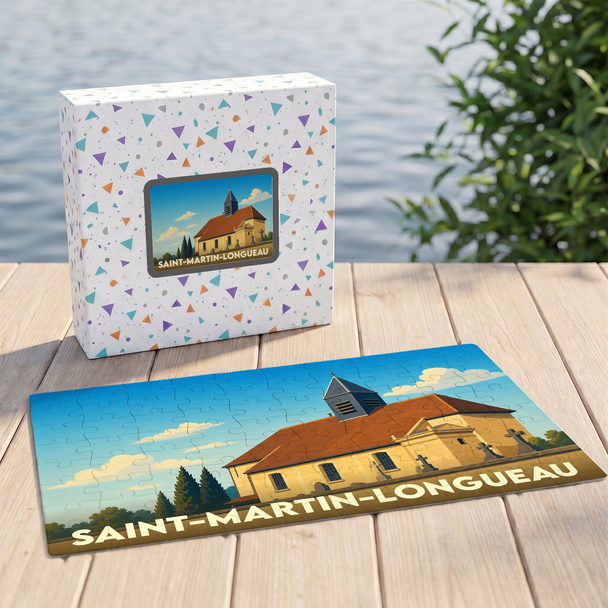 Puzzle souvenir de la ville de Saint-Martin-Longueau avec une illustration stylisée d'église.