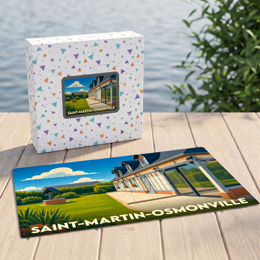 Puzzle souvenir de la ville de Saint-Martin-Osmonville avec une illustration stylisée d'un paysage normand.