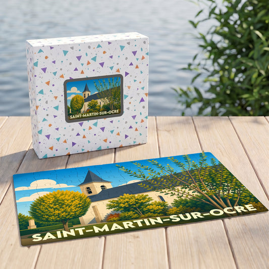 Puzzle souvenir de la ville de Saint-Martin-sur-Ocre avec une illustration stylisée de son église.