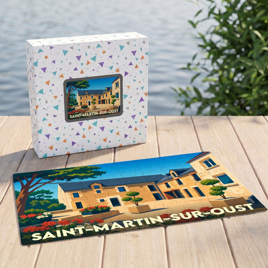 Puzzle souvenir de la ville de Saint-Martin-sur-Oust avec une illustration stylisée d'un bâtiment traditionnel.