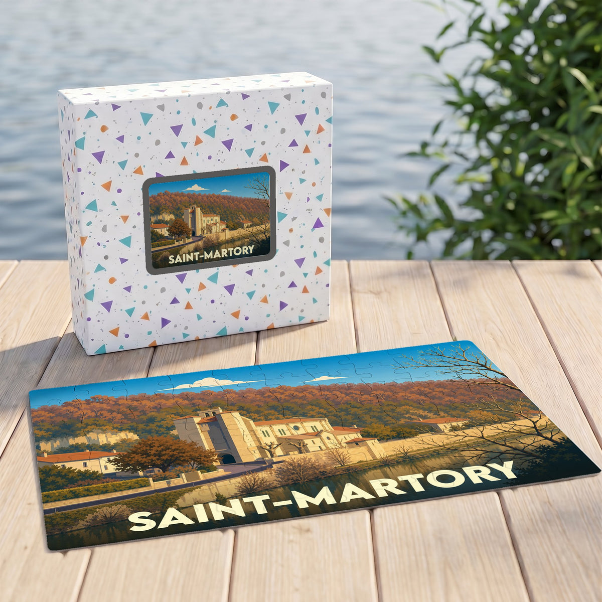 Puzzle souvenir de la ville de Saint-Martory avec une illustration stylisée.