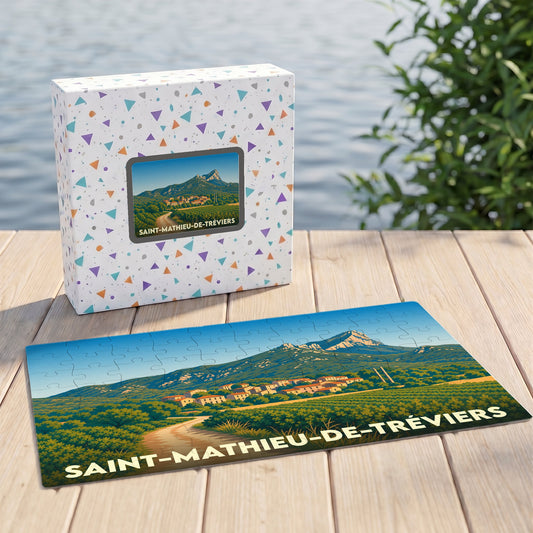 Puzzle souvenir de la ville de Saint-Mathieu-de-Tréviers illustrant un paysage de vignobles au pied du Pic Saint-Loup.