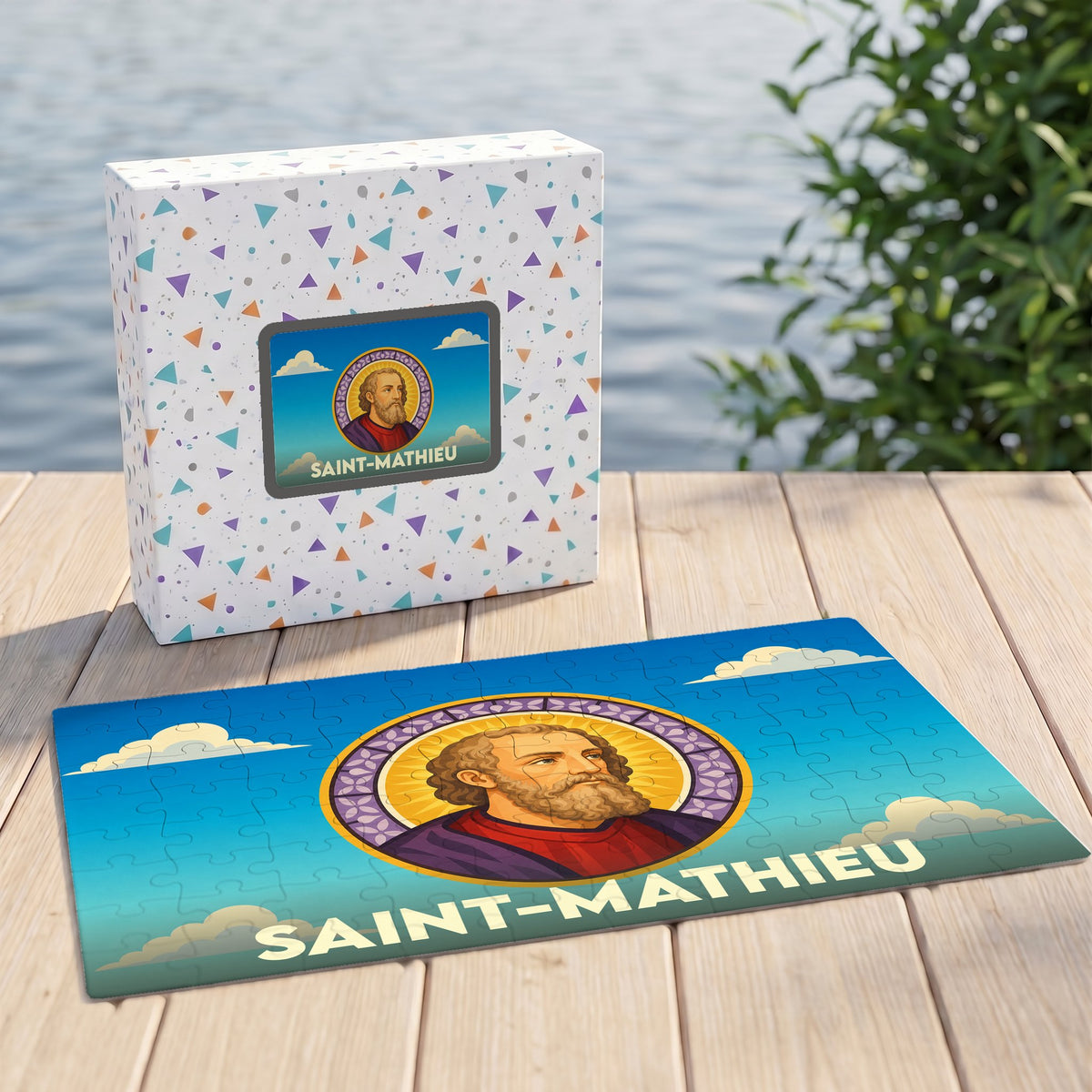 Puzzle souvenir de la ville de Saint-Mathieu avec une illustration stylisée d'un saint sur fond bleu.