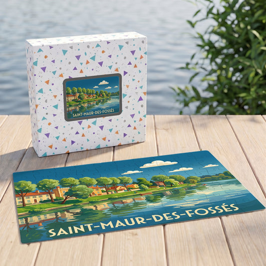Puzzle souvenir de la ville de Saint-Maur-des-Fossés avec une illustration stylisée des bords de Marne.