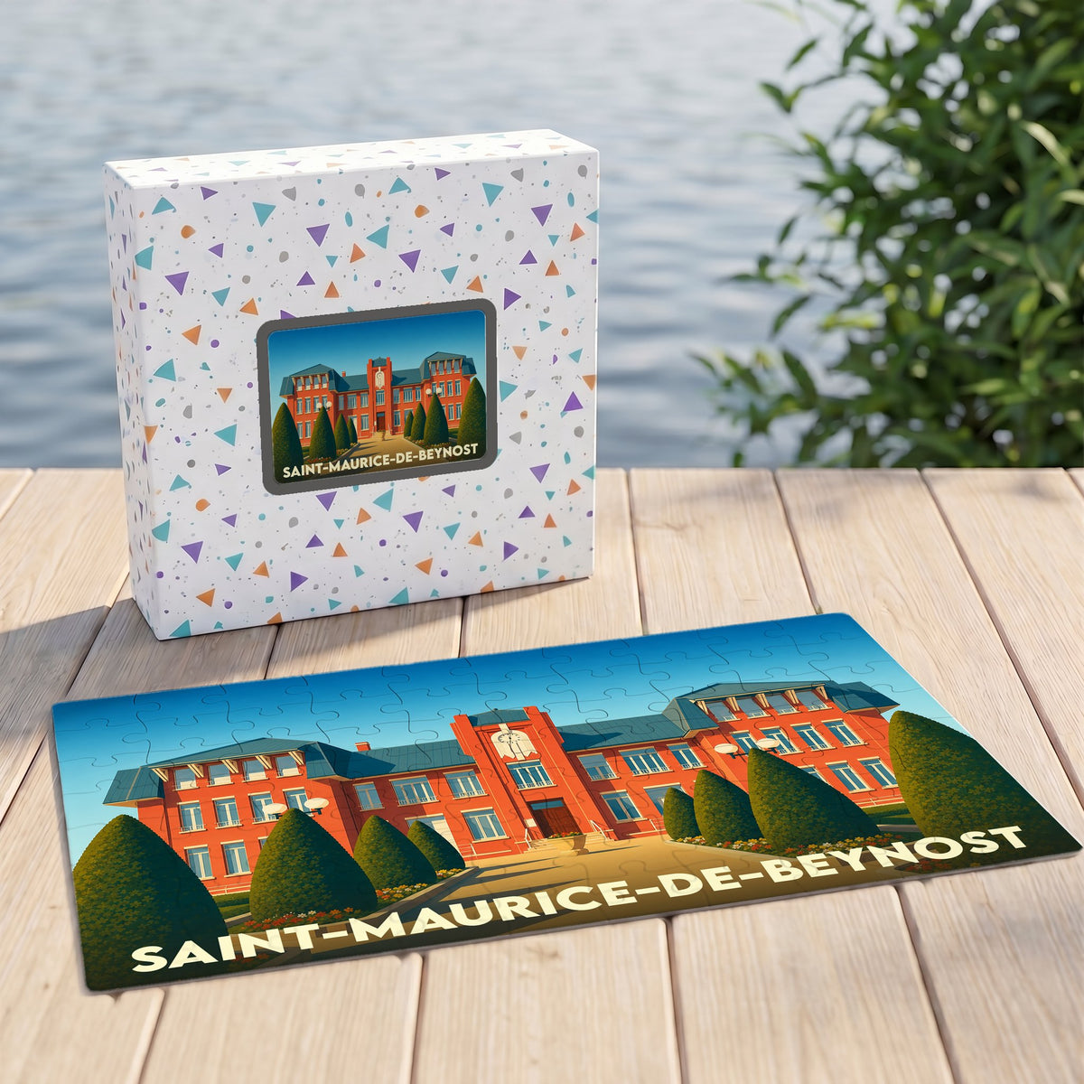 Puzzle souvenir de la ville de Saint-Maurice-de-Beynost avec une illustration stylisée du bâtiment de la mairie.