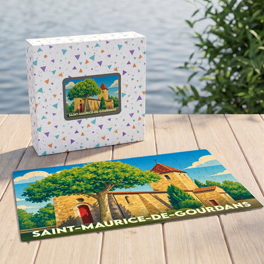 Puzzle souvenir de la ville de Saint-Maurice-de-Gourdans avec une illustration stylisée de son église et d'un grand arbre.