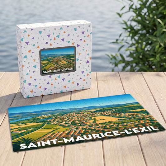 Puzzle souvenir de la ville de Saint-Maurice-l'Exil avec une illustration stylisée vue du ciel.