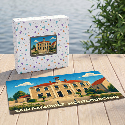 Puzzle souvenir de la ville de Saint-Maurice-Montcouronne avec une illustration stylisée de sa mairie.