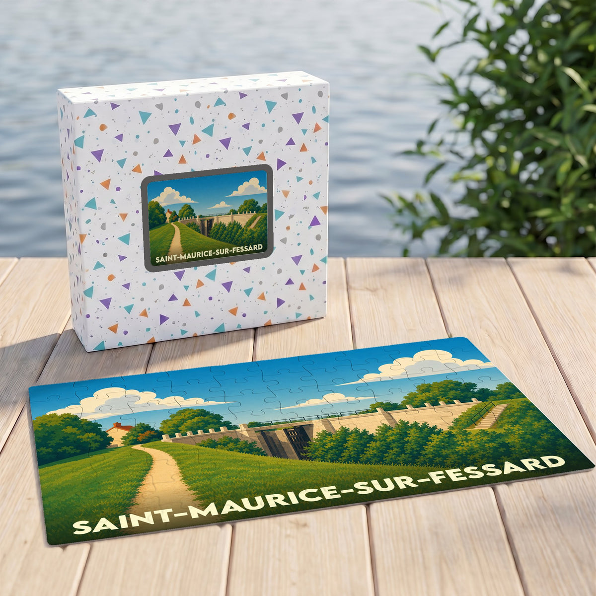 Puzzle souvenir de la ville de Saint-Maurice-sur-Fessard avec une illustration stylisée d'un paysage de campagne.