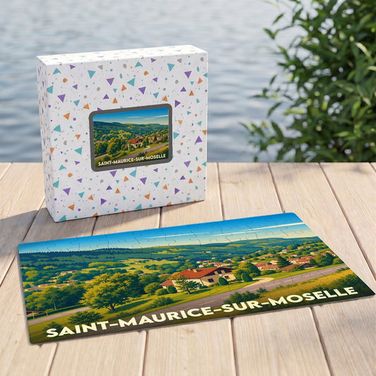 Puzzle souvenir de la ville de Saint-Maurice-sur-Moselle avec une illustration paysagère stylisée.