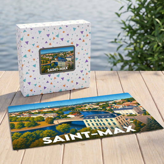 Puzzle souvenir de la ville de Saint-Max avec une illustration colorée et stylisée.