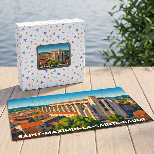 Puzzle souvenir de la ville de Saint-Maximin-la-Sainte-Baume avec une illustration stylisée de sa basilique.