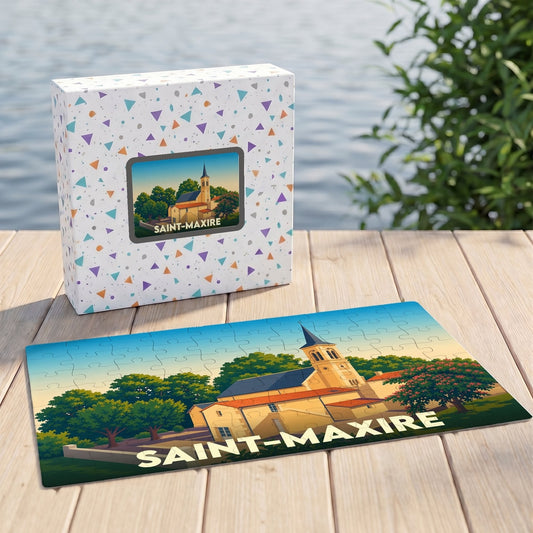 Puzzle souvenir de la ville de Saint-Maxire avec une illustration stylisée de son église.