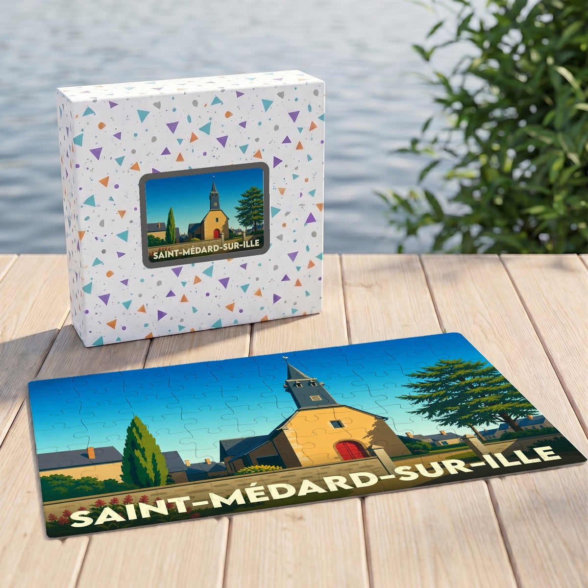Puzzle souvenir de la ville de Saint-Médard-sur-Ille avec une illustration stylisée de son église.