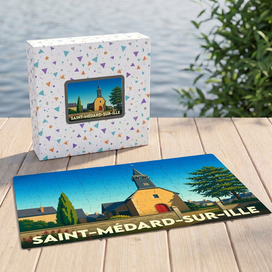 Puzzle souvenir de la ville de Saint-Médard-sur-Ille avec une illustration stylisée de son église.