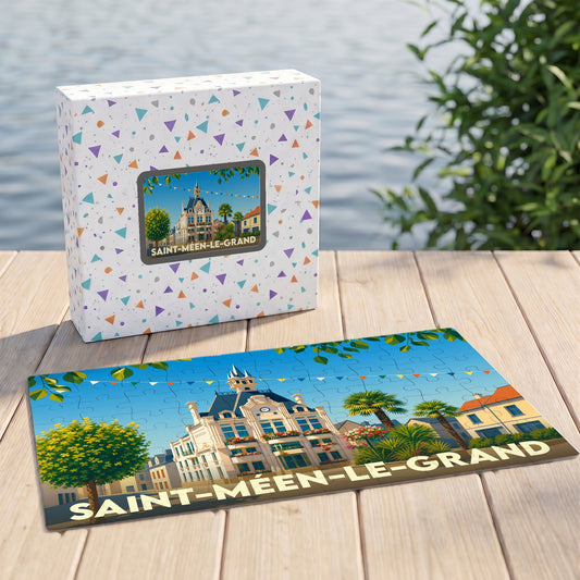 Puzzle souvenir de la ville de Saint-Méen-le-Grand avec une illustration stylisée et colorée.
