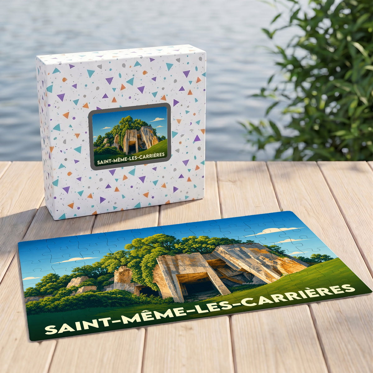 Puzzle souvenir de la ville de Saint-Même-les-Carrières avec une illustration stylisée de ses anciennes carrières de pierre.