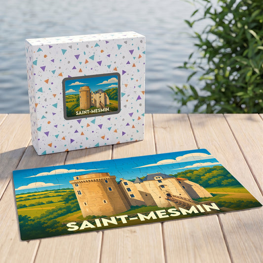 Puzzle souvenir de la ville de Saint-Mesmin avec une illustration stylisée de son château.