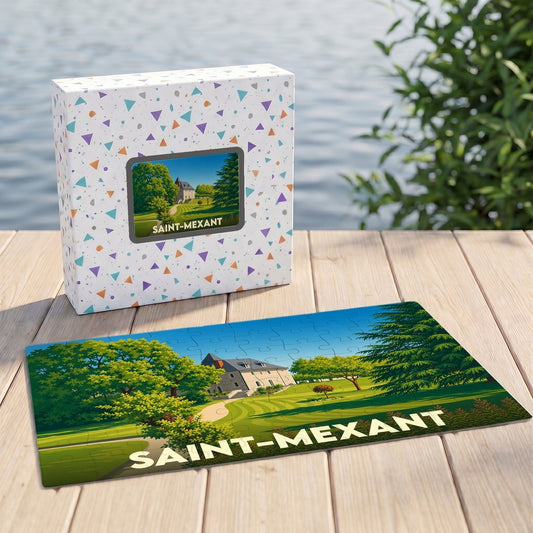 Puzzle souvenir de la ville de Saint-Mexant avec une illustration stylisée d'un manoir et son parc.