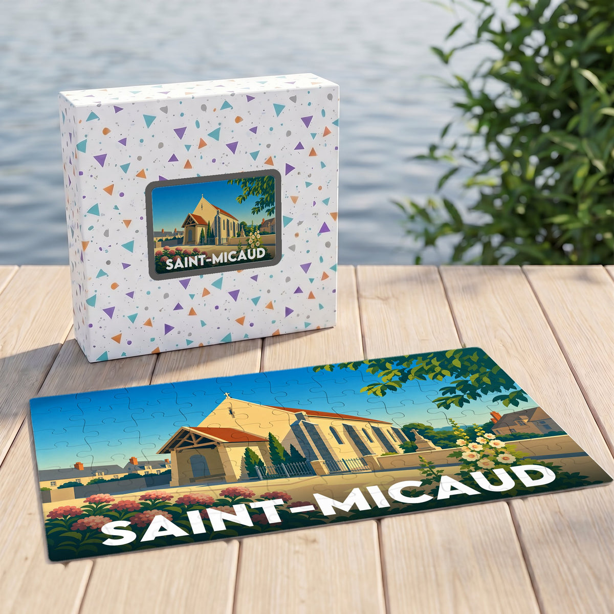 Puzzle souvenir de la ville de Saint-Micaud avec une illustration stylisée de son église.