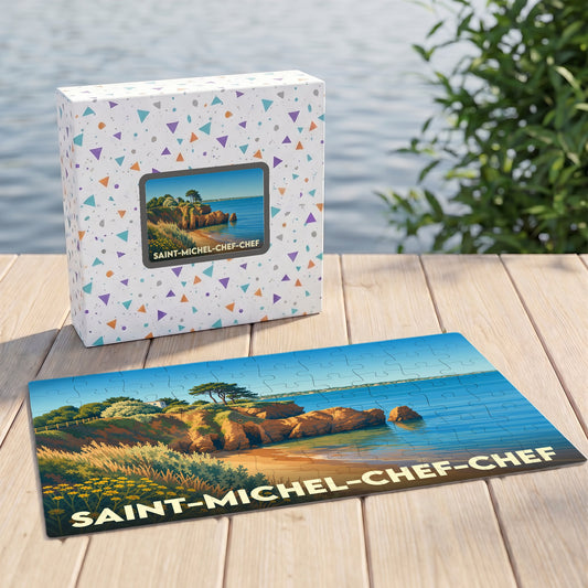 Puzzle souvenir de la ville de Saint-Michel-Chef-Chef avec une illustration côtière stylisée.