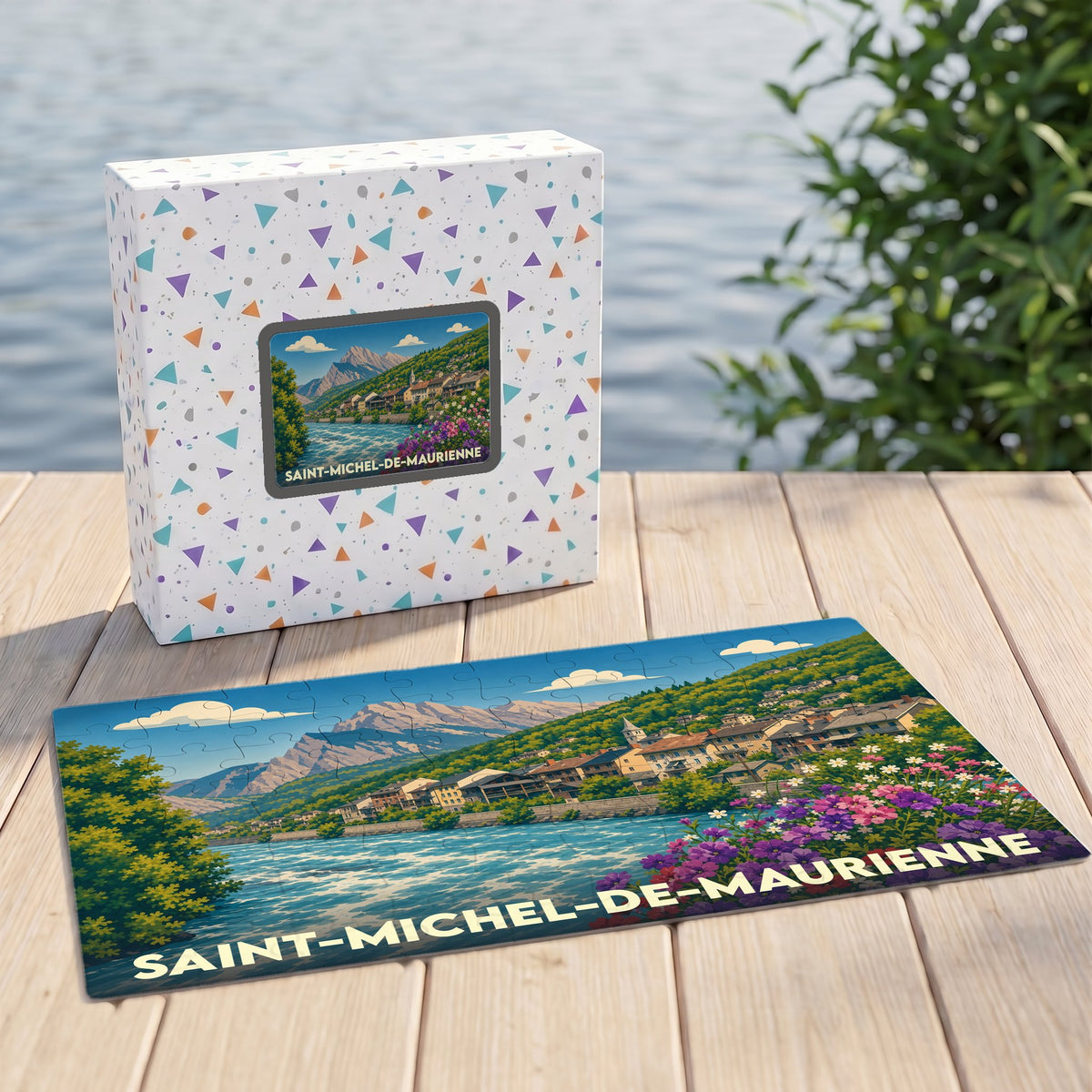 Puzzle souvenir de la ville de Saint-Michel-de-Maurienne représentant un paysage de montagne illustré.