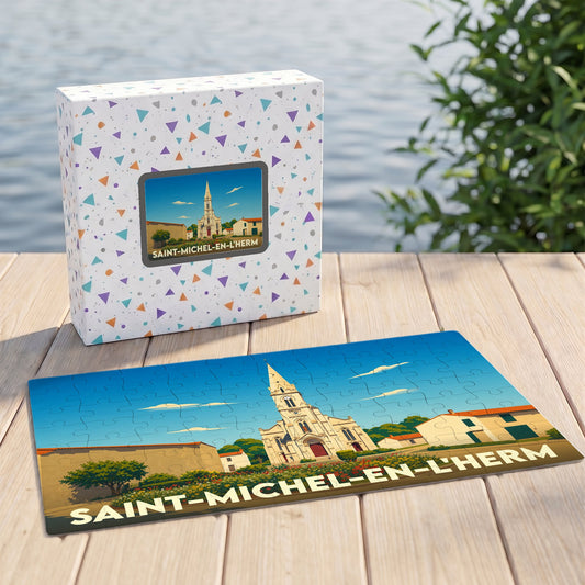 Puzzle souvenir de Saint-Michel-en-l'Herm avec une illustration stylisée de son église et de ses maisons traditionnelles.
