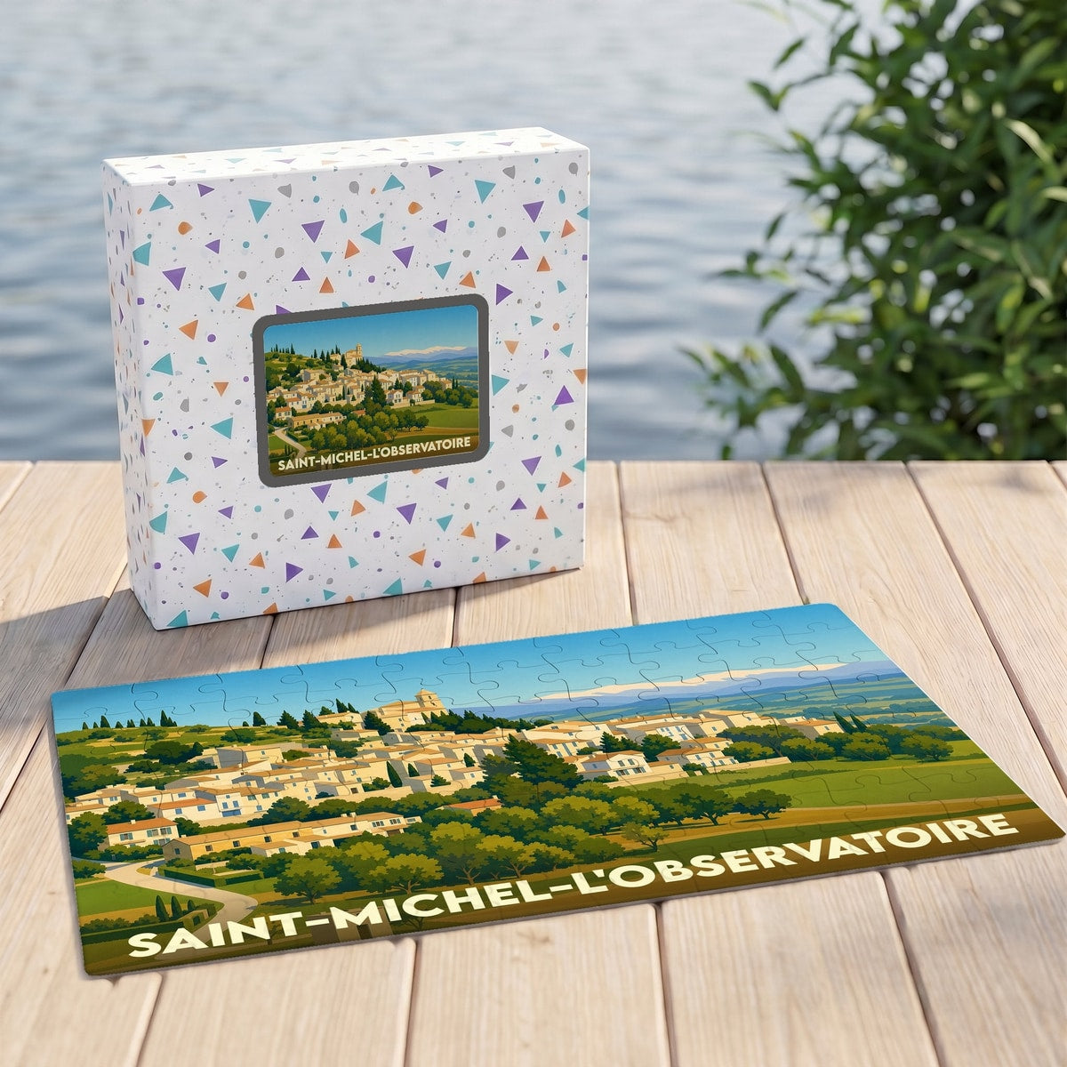 Puzzle souvenir de la ville de Saint-Michel-l'Observatoire avec une illustration stylisée.