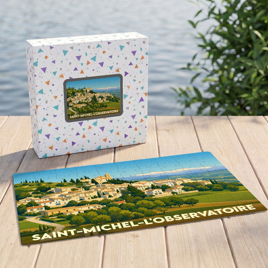 Puzzle souvenir de la ville de Saint-Michel-l'Observatoire avec une illustration stylisée.