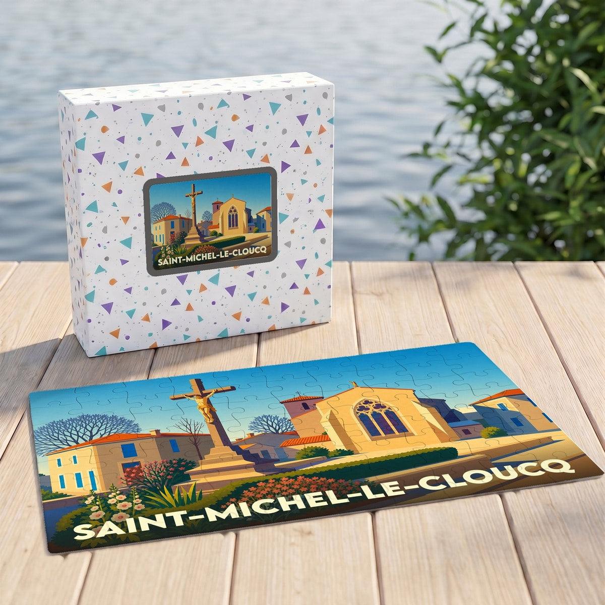 Puzzle souvenir de la ville de Saint-Michel-le-Cloucq avec une illustration stylisée d'une église et d'un calvaire.
