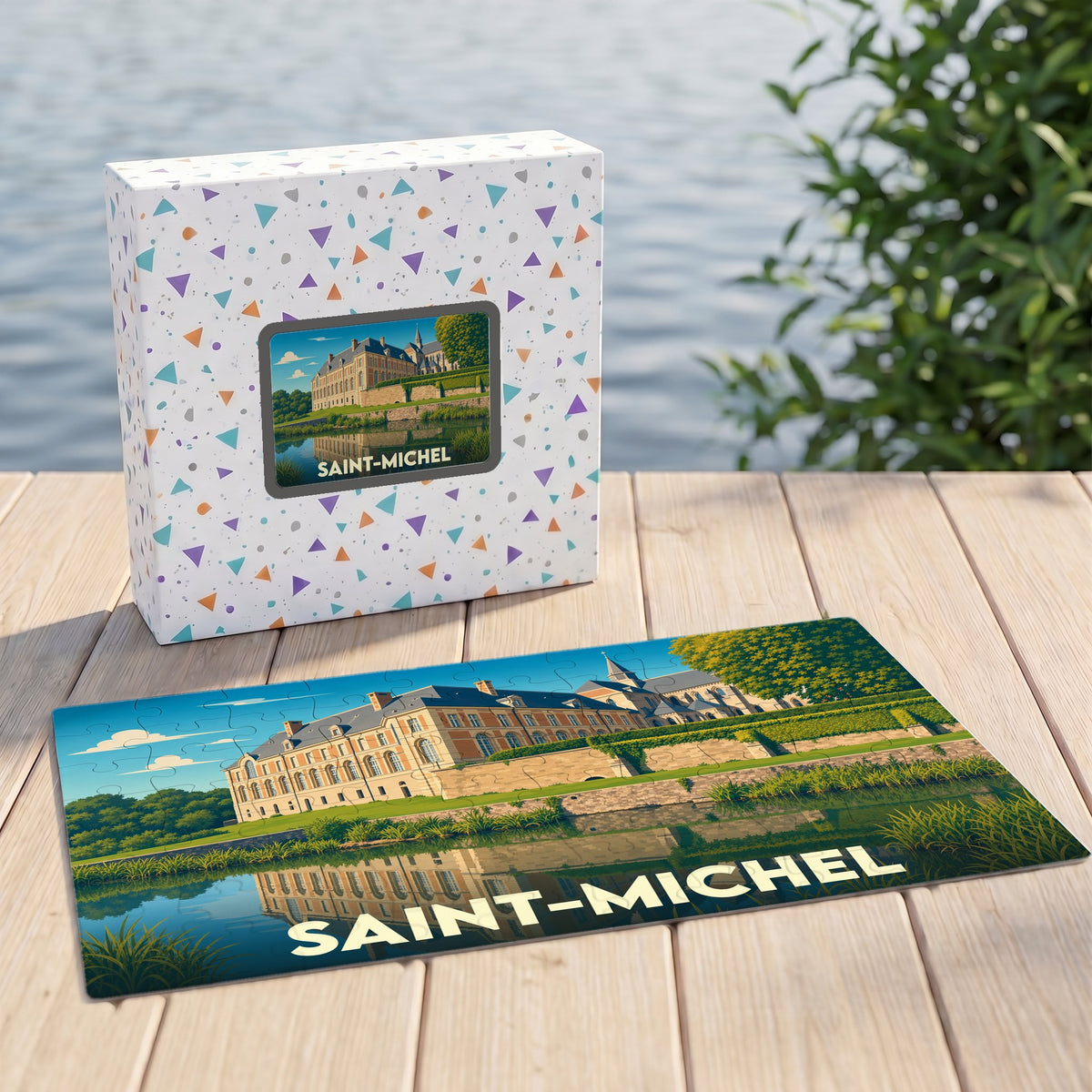 Puzzle souvenir de la ville de Saint-Michel avec une illustration colorée d'un château au bord de l'eau.