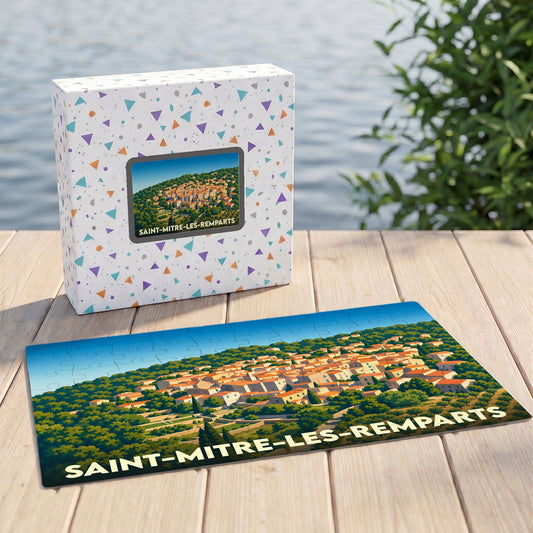 Puzzle souvenir de la ville de Saint-Mitre-les-Remparts avec une illustration stylisée d'un village perché.