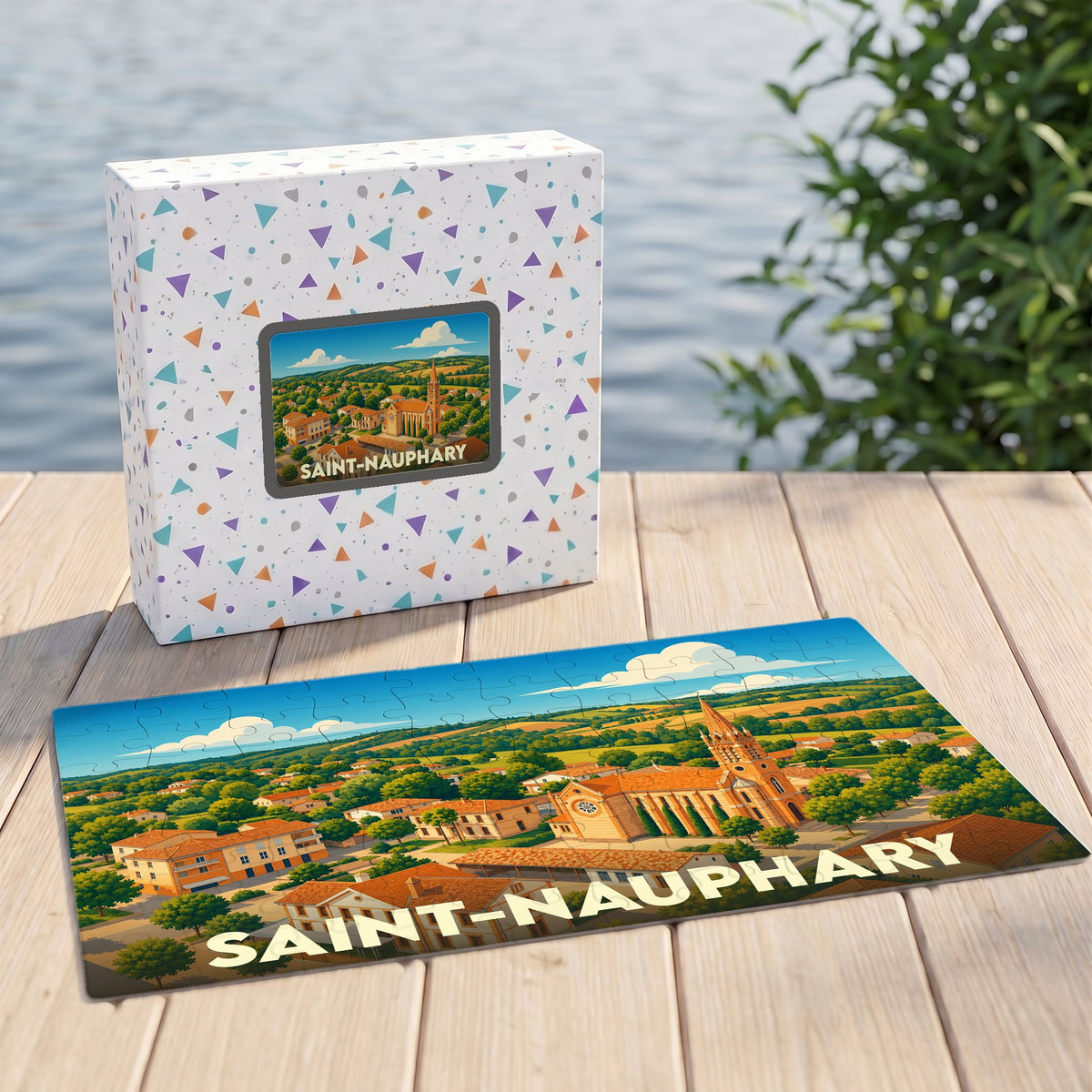 Puzzle souvenir de la ville de Saint-Nauphary illustrant un paysage de village ensoleillé.