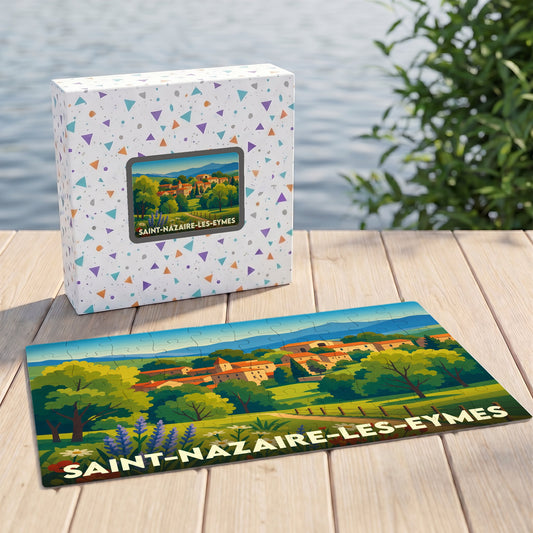 Puzzle souvenir de la ville de Saint-Nazaire-les-Eymes avec une illustration stylisée de son paysage champêtre.