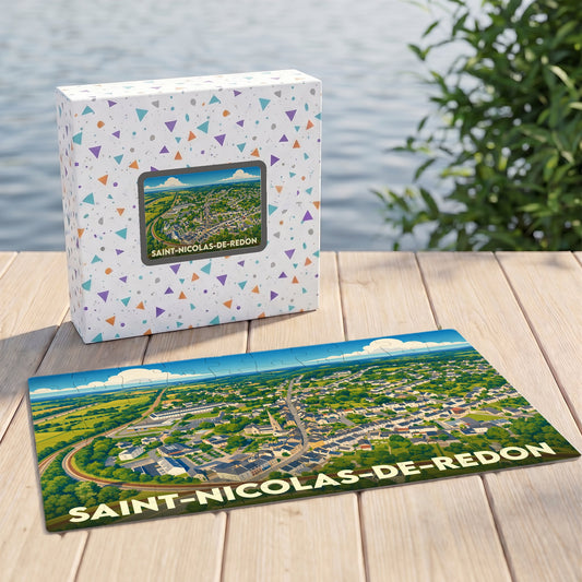 Puzzle souvenir de la ville de Saint-Nicolas-de-Redon avec une vue aérienne illustrée.