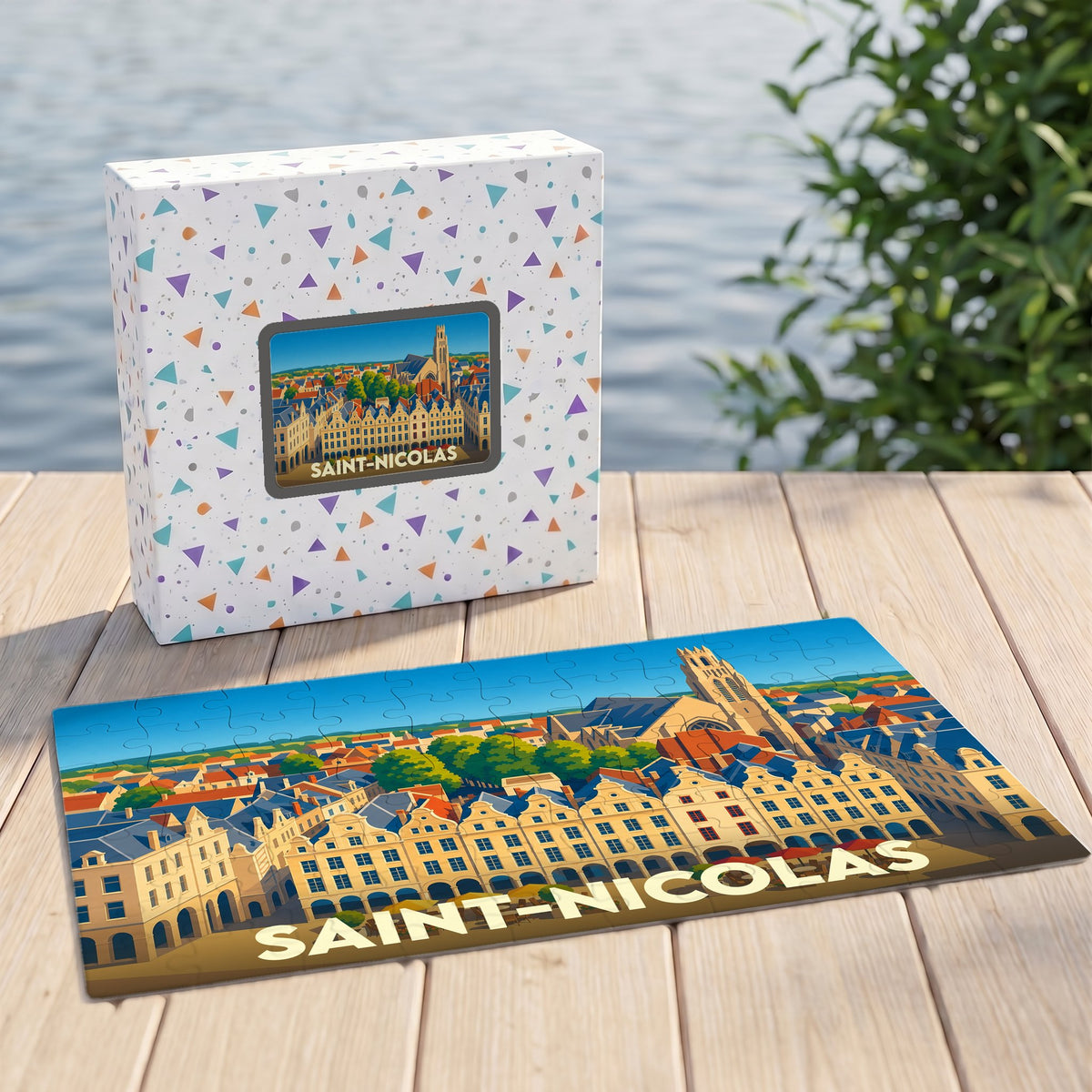 Puzzle souvenir de la ville de Saint-Nicolas avec une illustration panoramique colorée.
