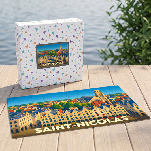 Puzzle souvenir de la ville de Saint-Nicolas avec une illustration panoramique colorée.