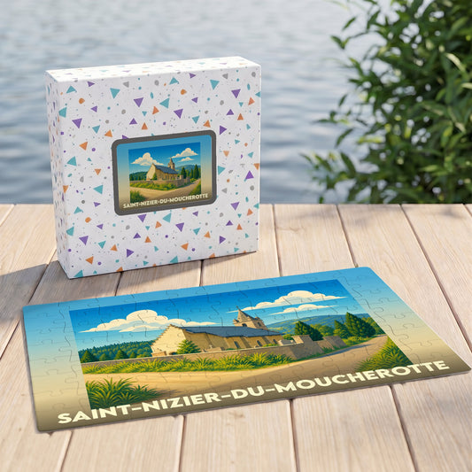 Puzzle souvenir de la ville de Saint-Nizier-du-Moucherotte avec une illustration stylisée de son église.