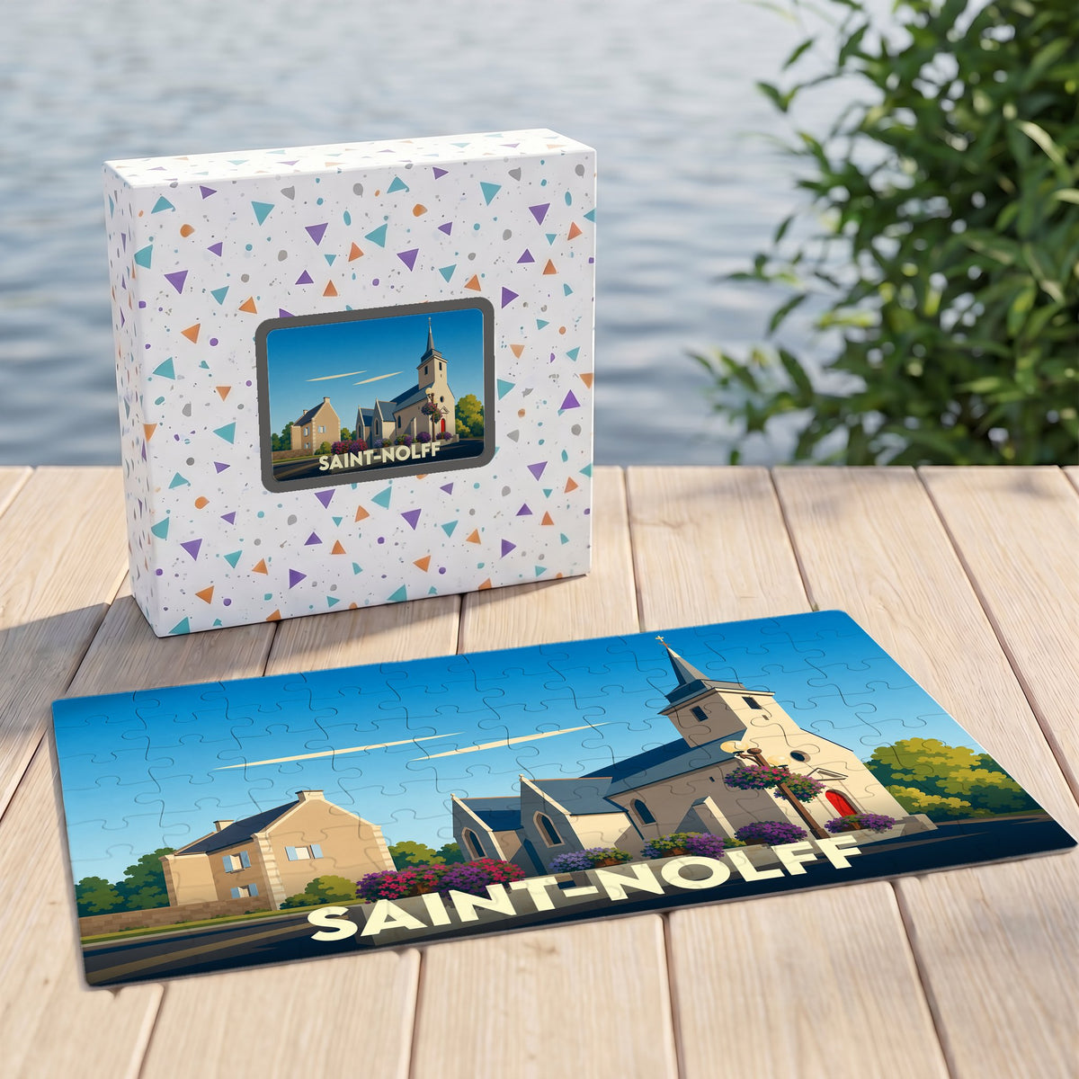 Puzzle souvenir de la ville de Saint-Nolff avec une illustration stylisée de son église.