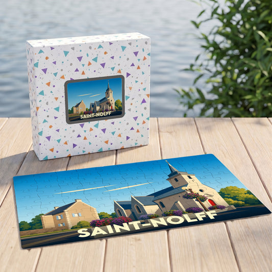 Puzzle souvenir de la ville de Saint-Nolff avec une illustration stylisée de son église.